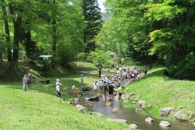 お昼休みに川遊び