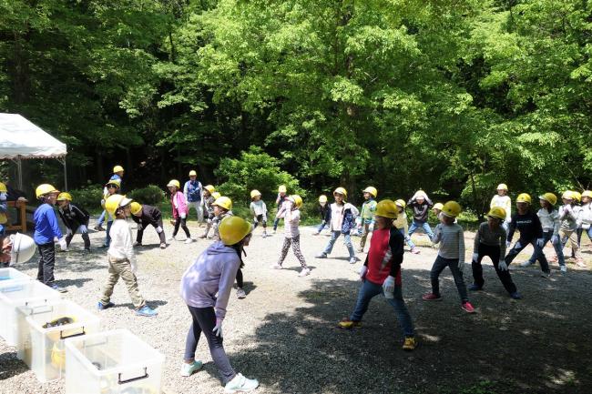 林業体験の前に準備体操！