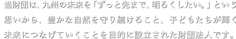 当財団は、九州の未来を「ずっと先まで、明るくしたい。」という思いから、豊かな自然を守り続けること、子どもたちが輝く未来につなげていくことを目的に設立された財団法人です。